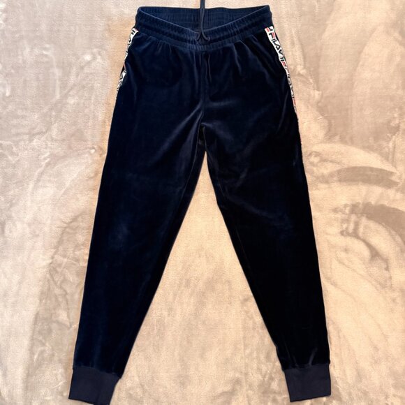 FILA Velour Track Suit Set Navy Blue Logo Tape Hoodie Joggers L/M - Picture 7 of 16